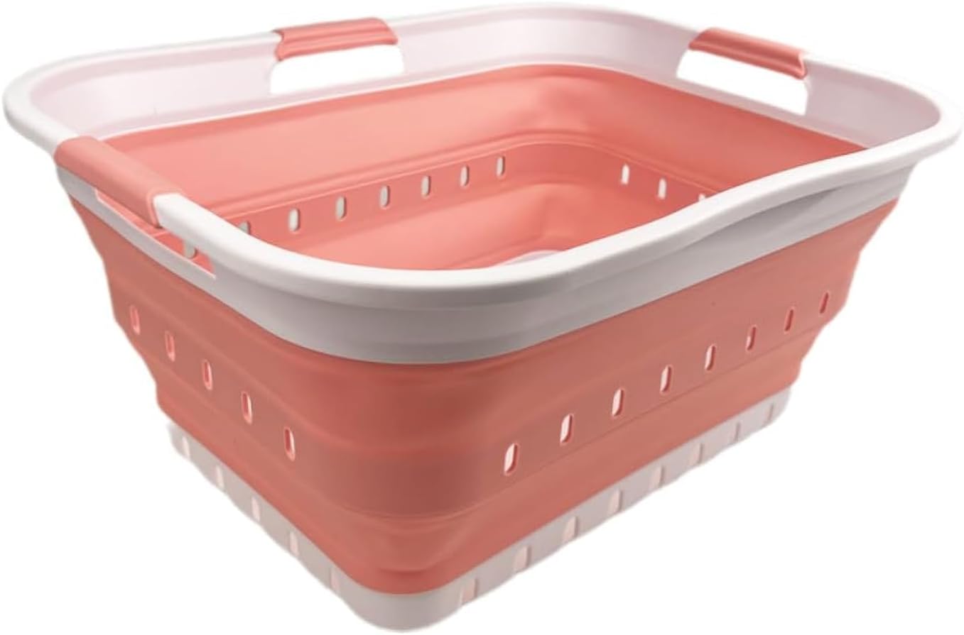 SAMMART 42L (11 gallon) Collapsible Plastic Laundry Basket - Foldable Pop Up Storage Container/Organizer - Space Saving Hamper/Basket (1, White/Grey)