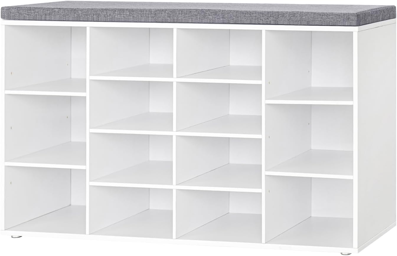 Shoe Storage Bench with Cushion, 15-Cubby Shoe Rack, Adjustable Shelves, Long Shoe Organizer Bench for Entryway, Mudroom, Hallway, Living Room