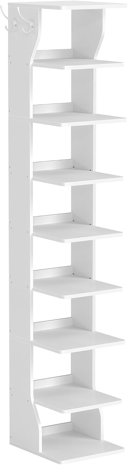 VASAGLE 7-Tier Vertical Shoe Rack, Narrow Shoe Storage Organizer with Hooks, Slim Corner Tower Shelf, Space-Saving for Entryway and Bedroom