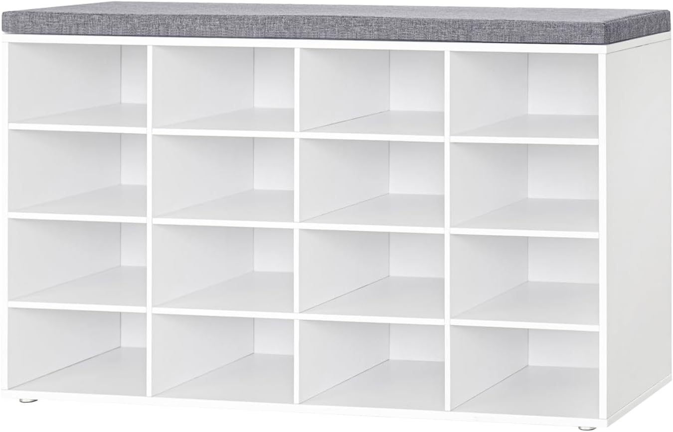 Shoe Storage Bench with Cushion, 15-Cubby Shoe Rack, Adjustable Shelves, Long Shoe Organizer Bench for Entryway, Mudroom, Hallway, Living Room