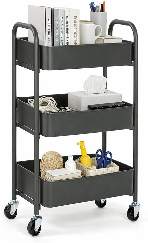 SunnyPoint 3-Tier Delicate Compact Rolling Metal Storage Organizer - Mobile Utility Cart Kitchen/Under Desk Cart with Caster Wheels - Army (15.35" X