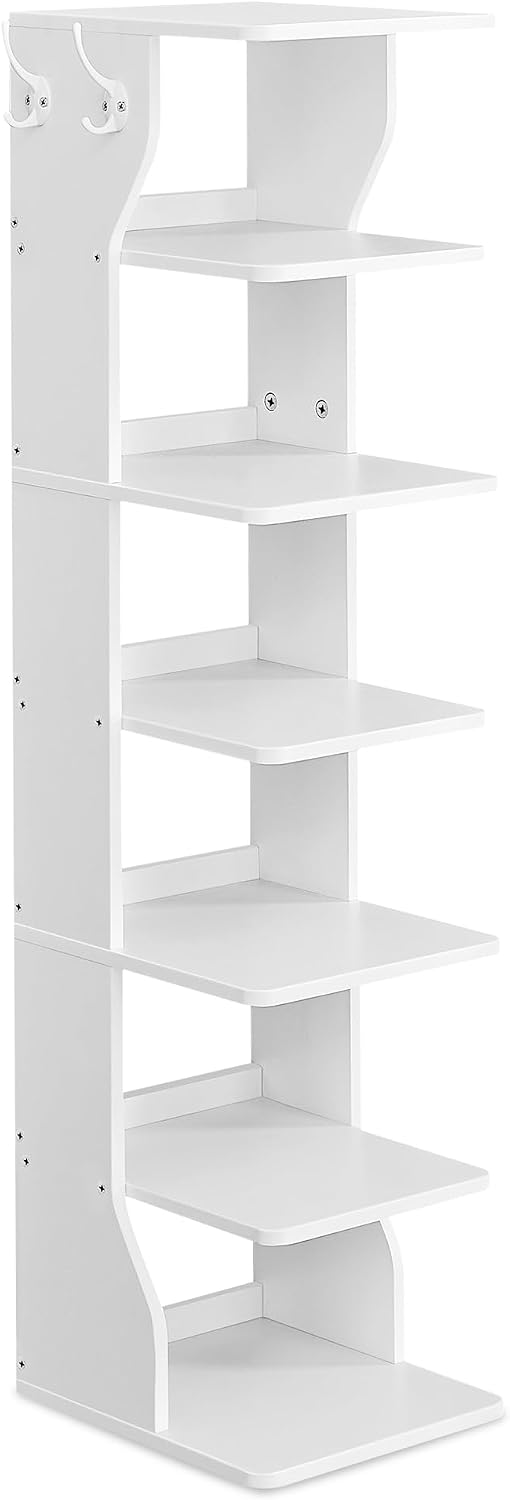 VASAGLE 7-Tier Vertical Shoe Rack, Narrow Shoe Storage Organizer with Hooks, Slim Corner Tower Shelf, Space-Saving for Entryway and Bedroom