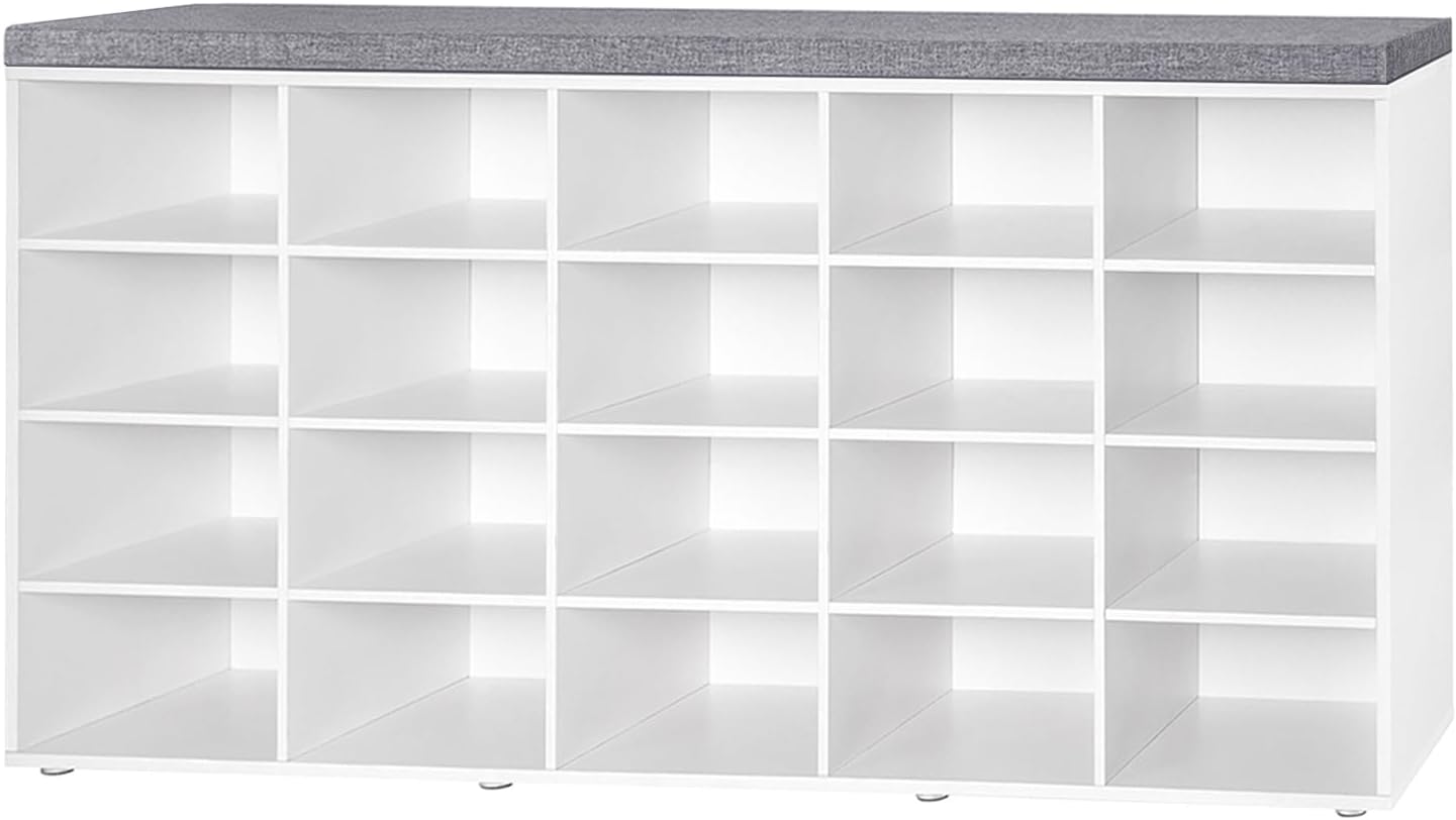 Shoe Storage Bench with Cushion, 15-Cubby Shoe Rack, Adjustable Shelves, Long Shoe Organizer Bench for Entryway, Mudroom, Hallway, Living Room