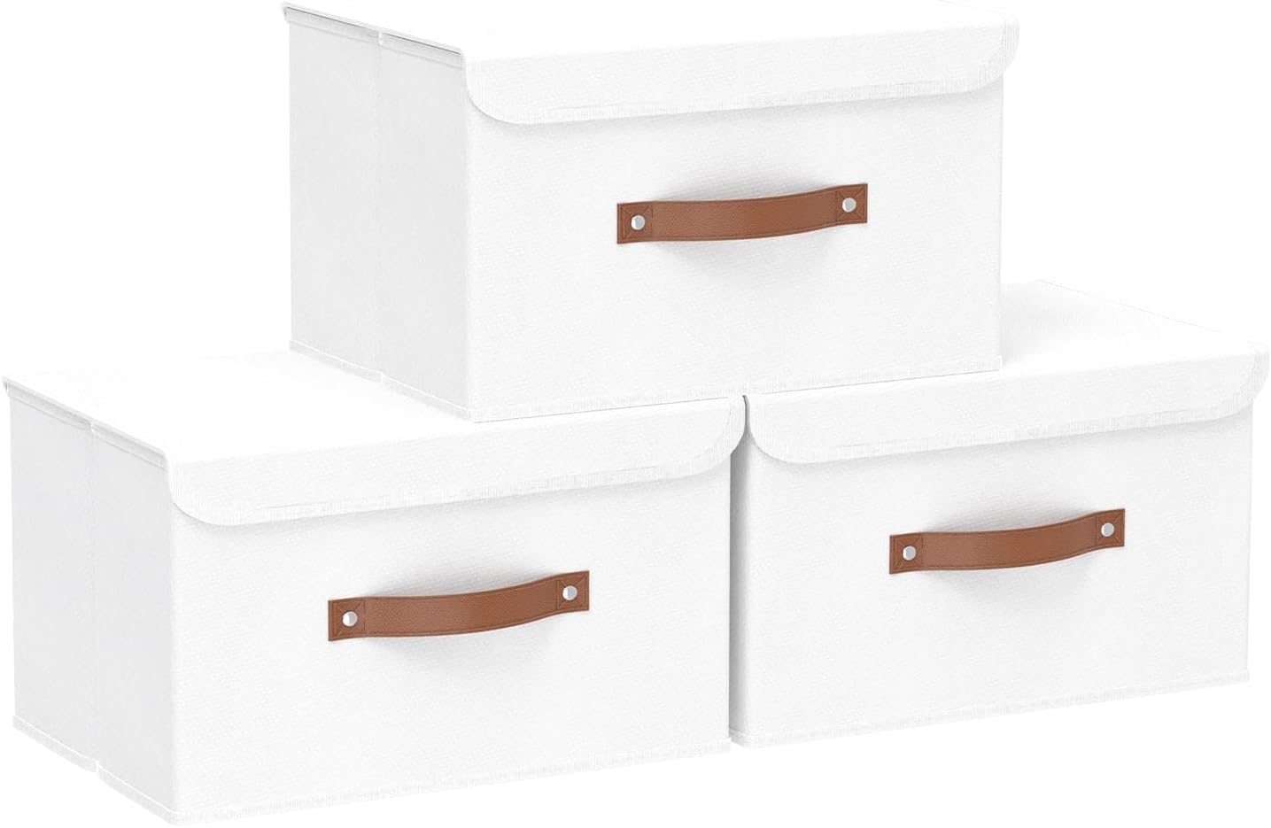 Yawinhe Storage Bins with Lids, Beige, 17.7x11.8x11.8in, 5-Pack, Fabric Container with Leather Handle, Washable Home Basket
