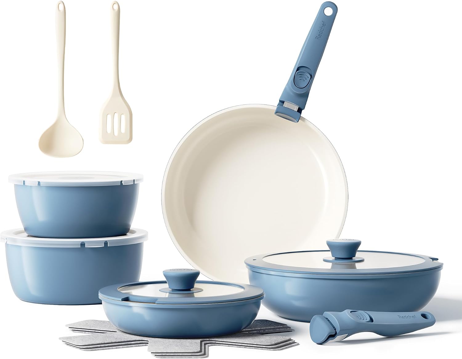 Redchef Ceramic Pots and Pans Set, Nonstick Kitchen Cookware Set with Detachable Handle, Non Toxic Cookware Set 16pcs, PFAS PFOA and PTFE Free