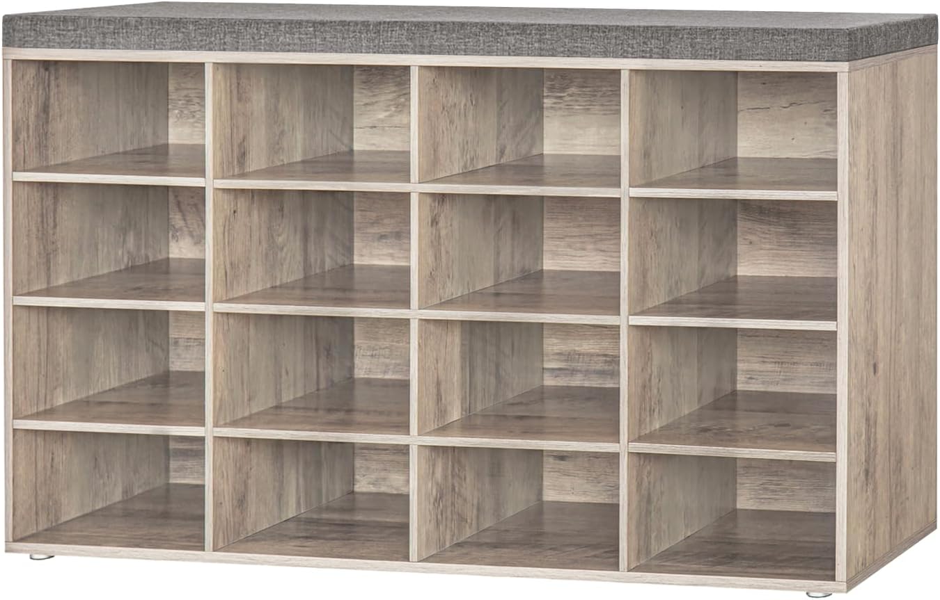 Shoe Storage Bench with Cushion, 15-Cubby Shoe Rack, Adjustable Shelves, Long Shoe Organizer Bench for Entryway, Mudroom, Hallway, Living Room