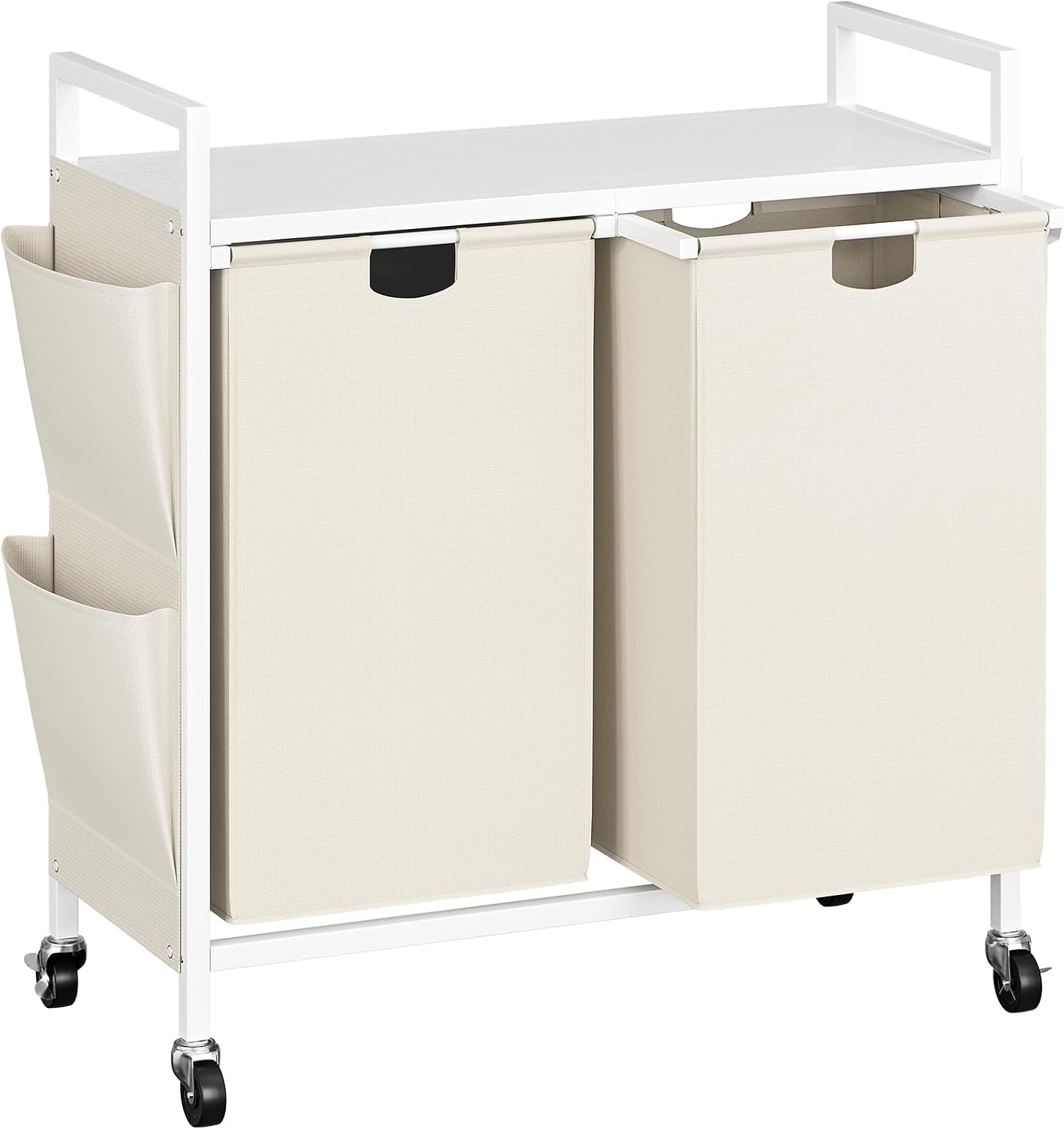 WOWLIVE Double Laundry Hamper with Wheels, Rolling Laundry Basket Organizer, Laundry Hamper 2 section with Lid, Iron-Made Laundry Sorter with Shelf