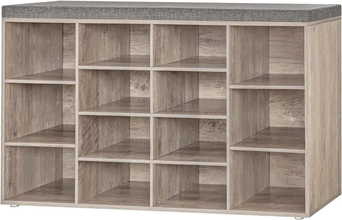 Shoe Storage Bench with Cushion, 15-Cubby Shoe Rack, Adjustable Shelves, Long Shoe Organizer Bench for Entryway, Mudroom, Hallway, Living Room