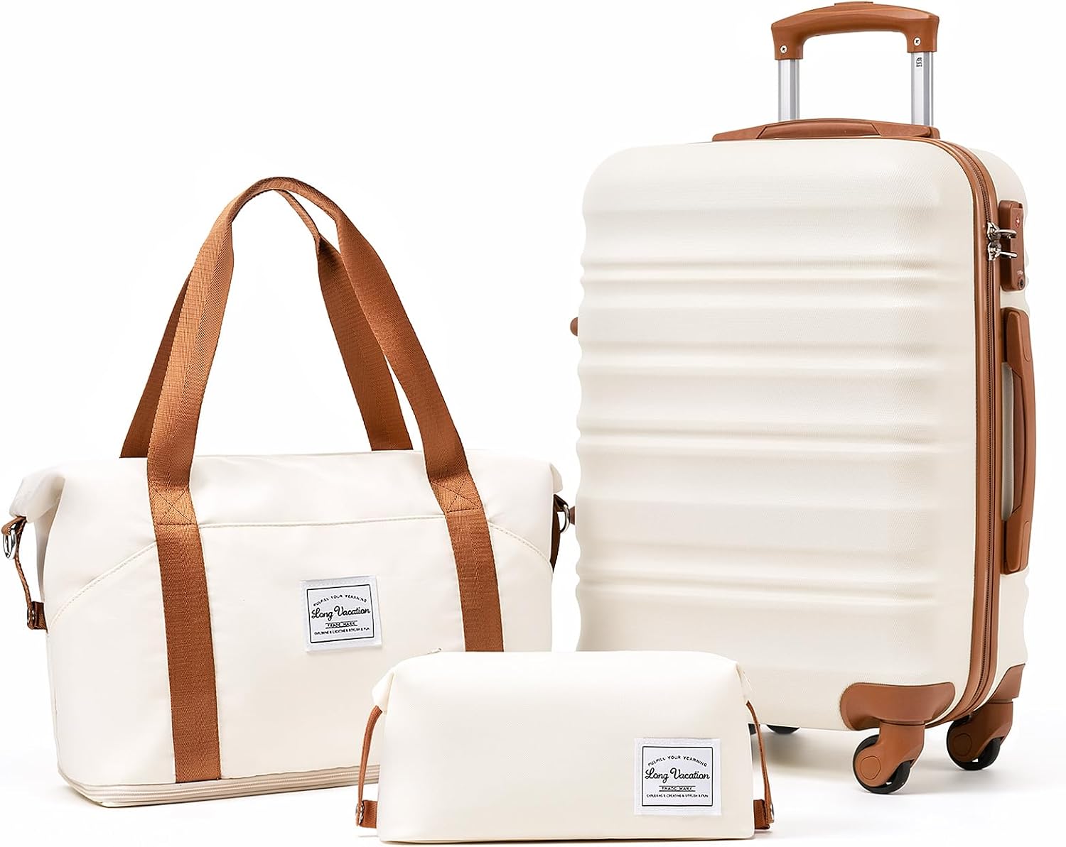 LONG VACATION 6 Piece Luggage Set Carry on Suitcase with ABS+PC hardshell, Spinner Wheels and YKK Zipper TSA Lock (BEIGE-BROWN, 6 piece set)
