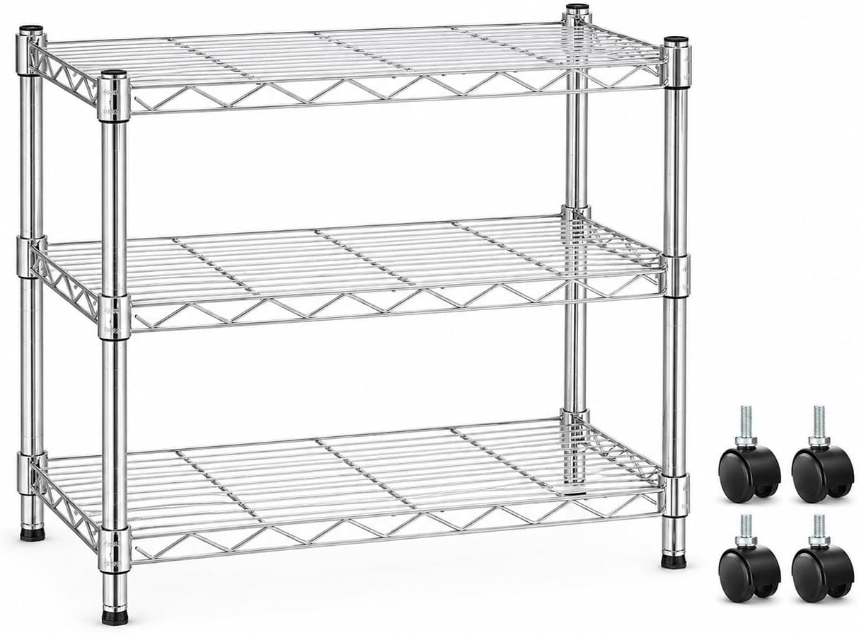 Simple Deluxe Heavy Duty 3-Shelf Shelving Unit with Wheels, Adjustable Steel Wire Shelving