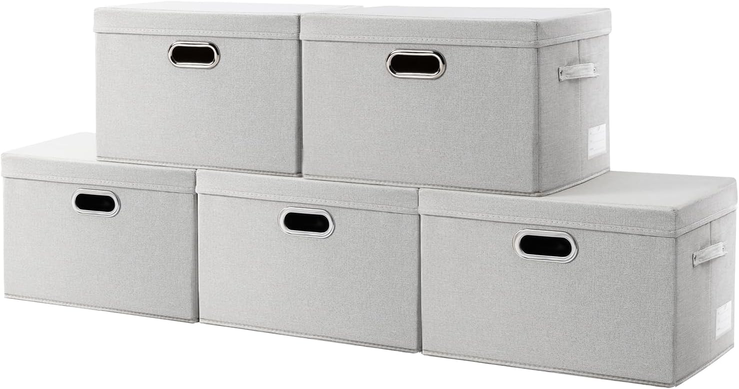 PRANDOM Large Collapsible Storage Bins with Lids 3-Pack Linen/Cotton Blend Foldable Storage Boxes Organizer Containers Baskets Cube with Cover for