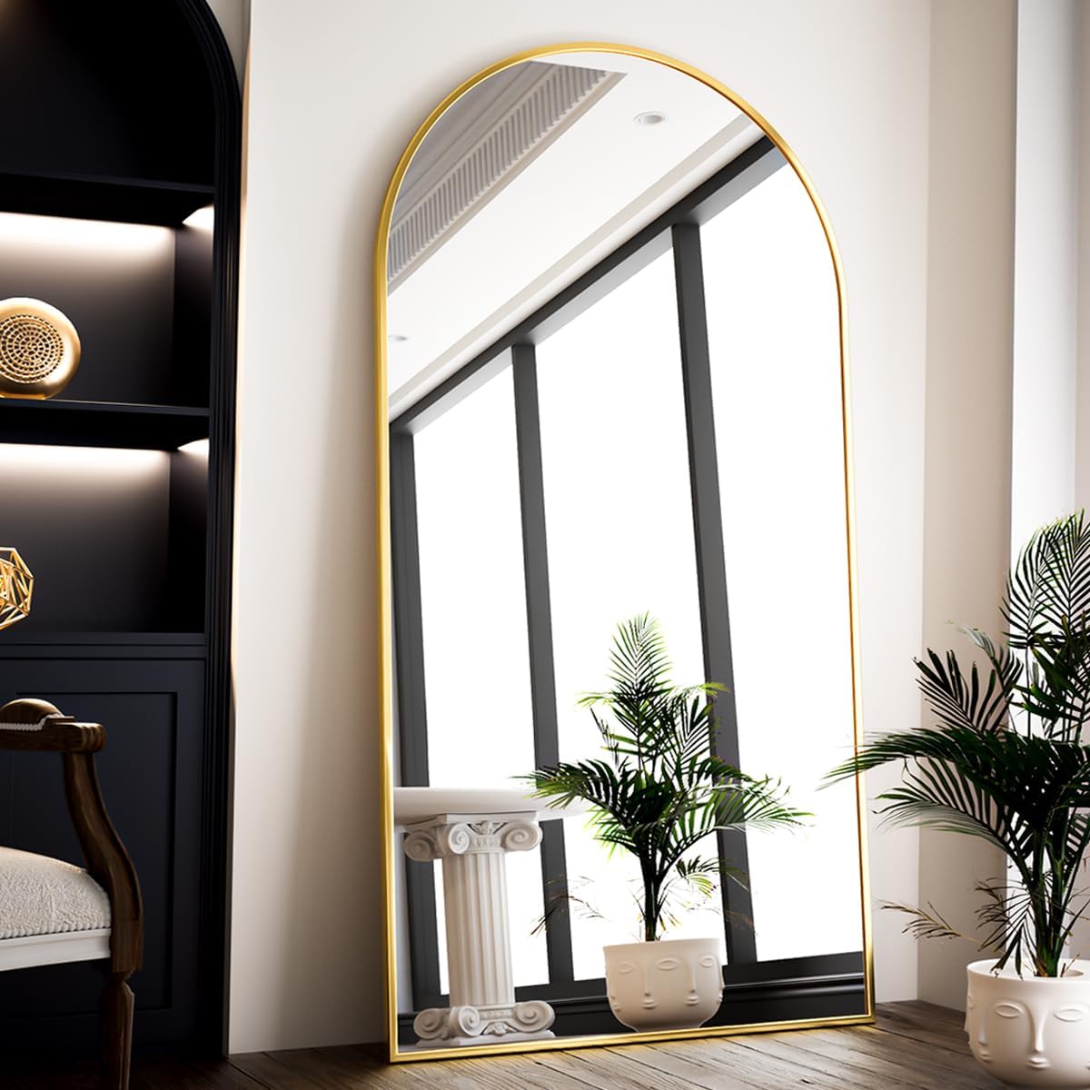 VooBang 35"x78" Gold Large Arched Floor Full Length Dressing Body Mirror, Shatterproof Tempered Glass, Modern Minimalist Chic Room Decor