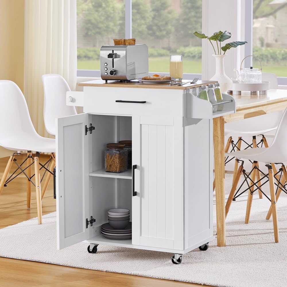 Yaheetech Rolling Kitchen Island Cart with Drop Leaf, Portable Rubberwood Breakfast Bar with Storage Cabinet, Open Shelves and Detachable Towel