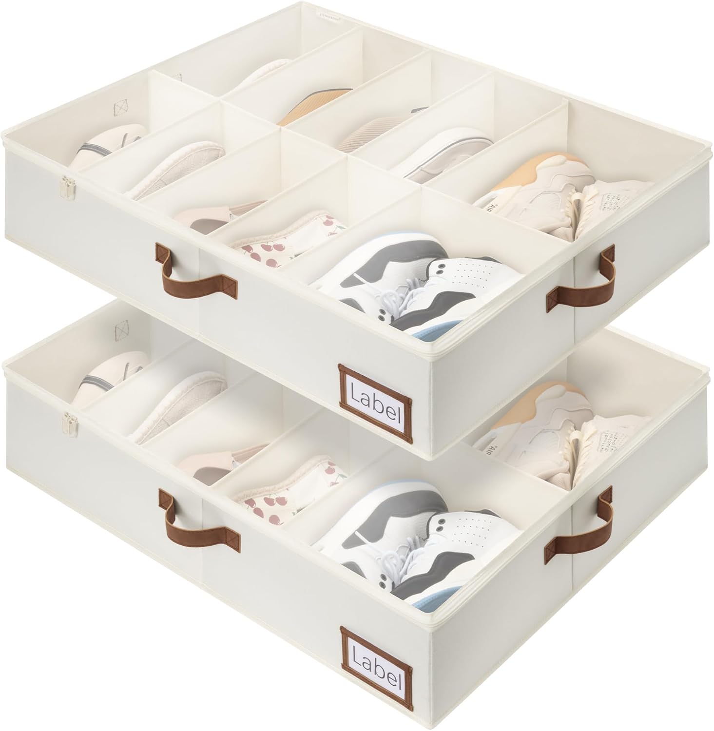 StorageWorks 2-Pack 24-Pair Underbed Shoe Storage Organizer, Linen Beige, Rustic Linen Fabric, Adjustable Dividers, 5.25" Height