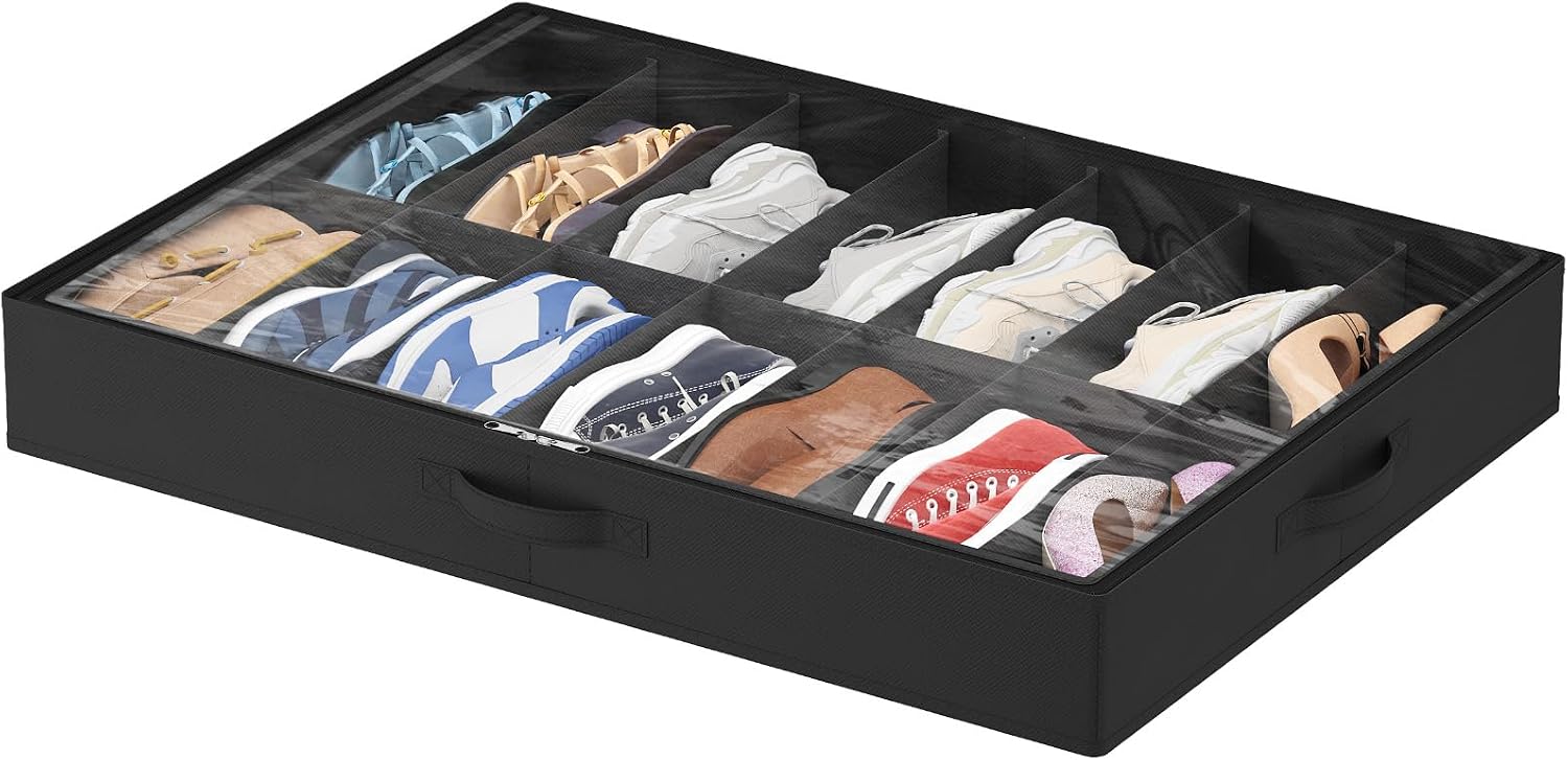 Lifewit Under Bed Shoe Storage Organizer 4 Pack(16 Shoes Cells), 4.3 Inches Profile Fabric Shoes Container Box with Clear Cover