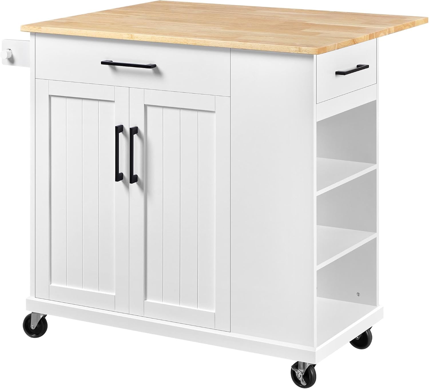 Yaheetech Rolling Kitchen Island Cart with Drop Leaf, Portable Rubberwood Breakfast Bar with Storage Cabinet, Open Shelves and Detachable Towel