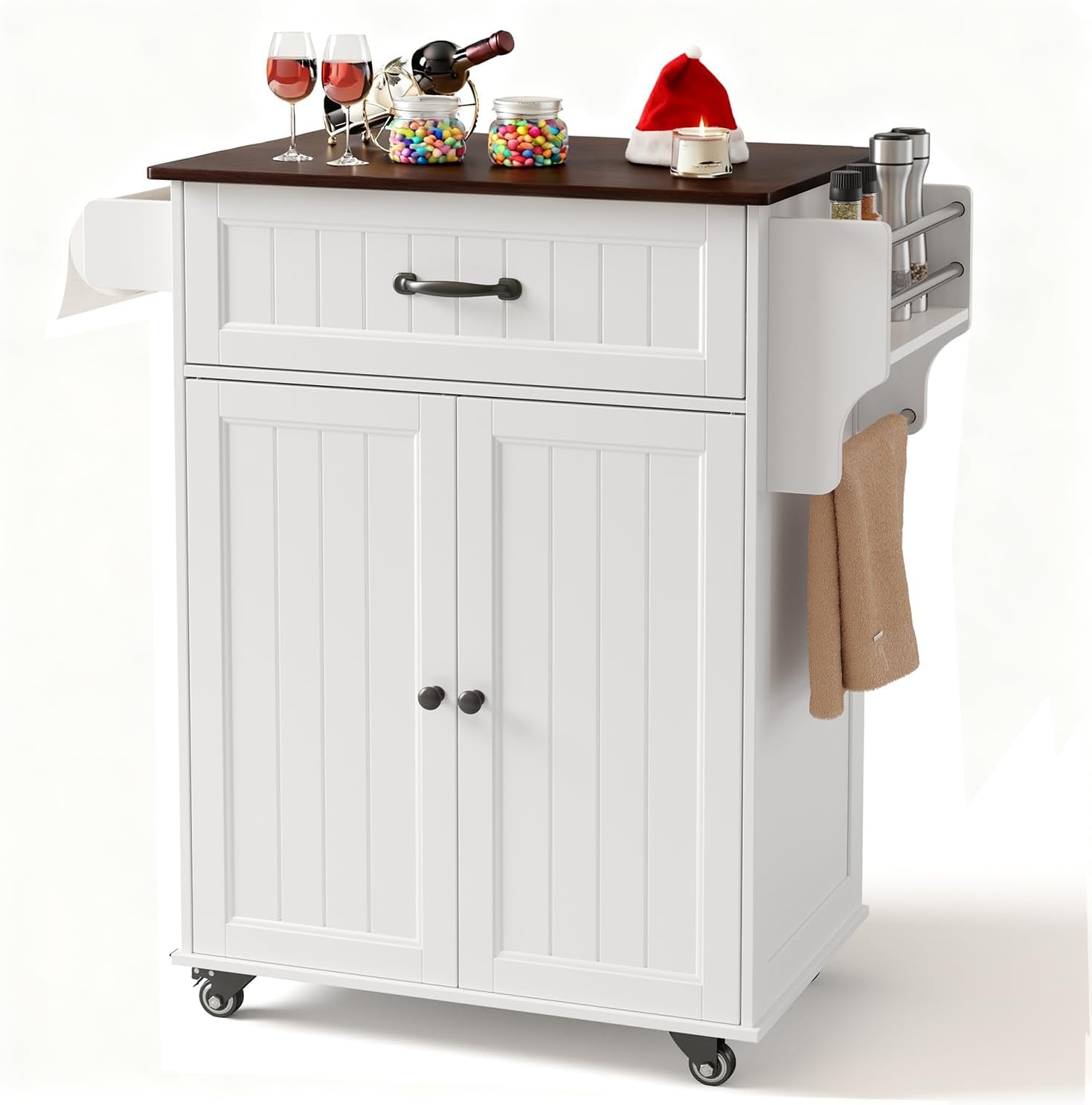 Gizoon 33" W White Kitchen Island Cart with Adjustable Shelf, Metal Wheels, Drawer and Storage Cabinet, Spice Rack and Towel Rack, for Dining Room