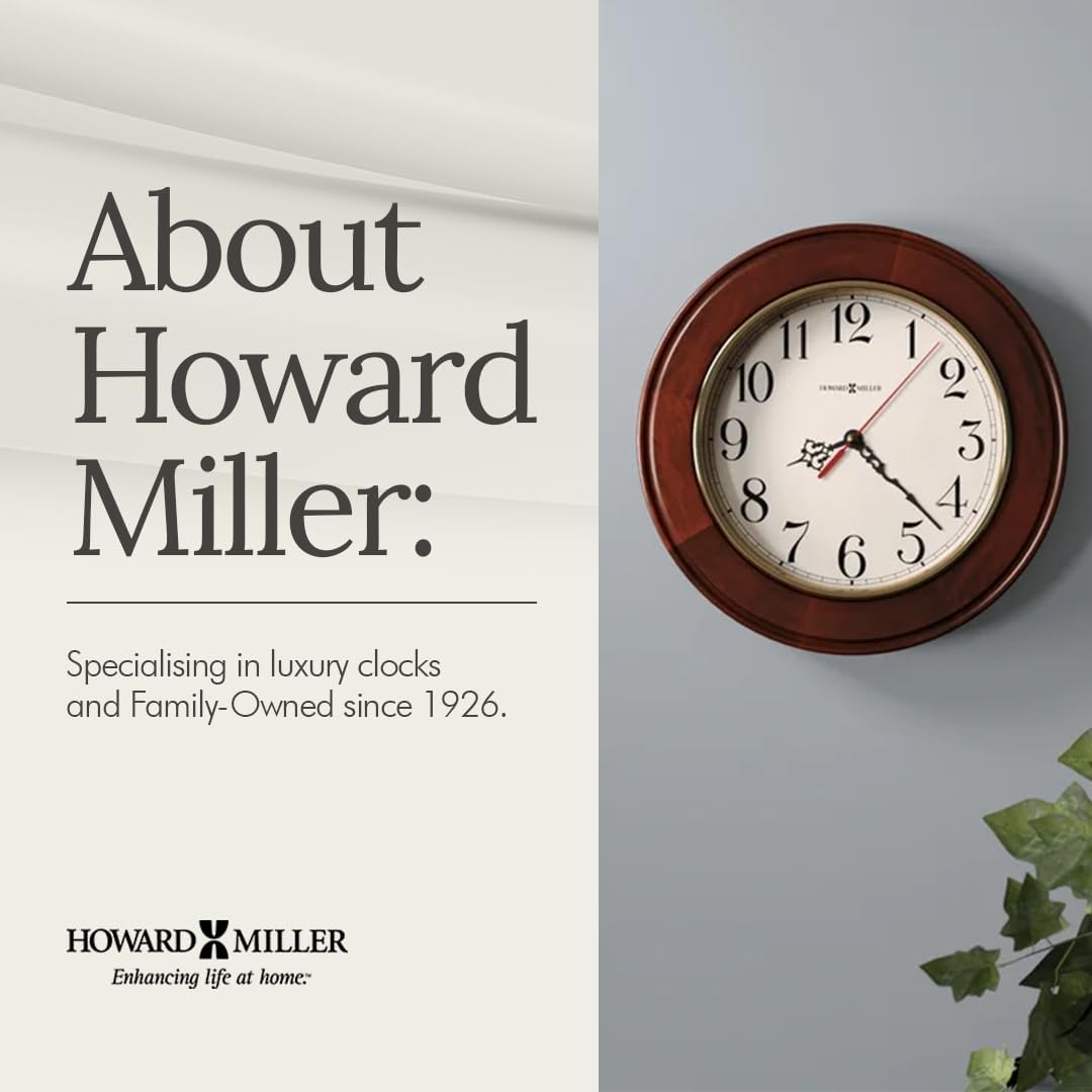 Howard Miller Brentwood Wall Clock - Wood Finish, Brass Bezel, Silent Quartz Movement, Round, Battery Operated, Home or Office Decor