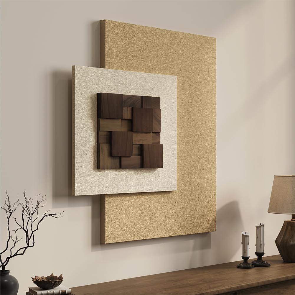 3D Wood Textured Large Neutral Abstract Wall Art, Modern Beige Brown Geometric Paintings Artwork for Walls-Minimalist Wooden Wall Art Decor for Living