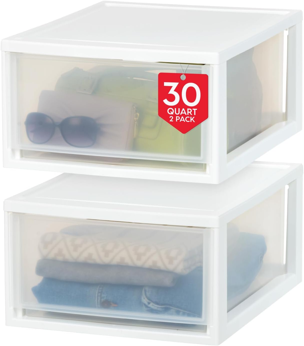 IRIS USA 4-Pack, 27 Qt. Under Bed Storage Bin with Sliding Drawers, White, Store seasonal clothing, shoes, blankets