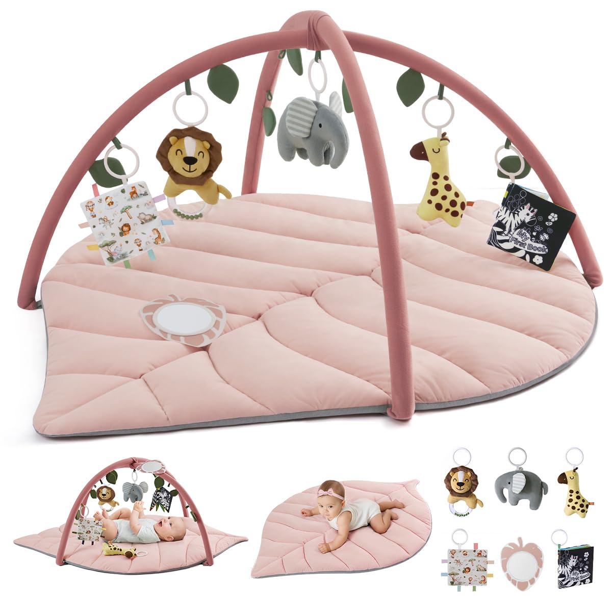 Blissful Diary Baby Play Gym and Activity Mat, Oversize Leaf Shaped Baby Play Mat w 6 Detachable Toys