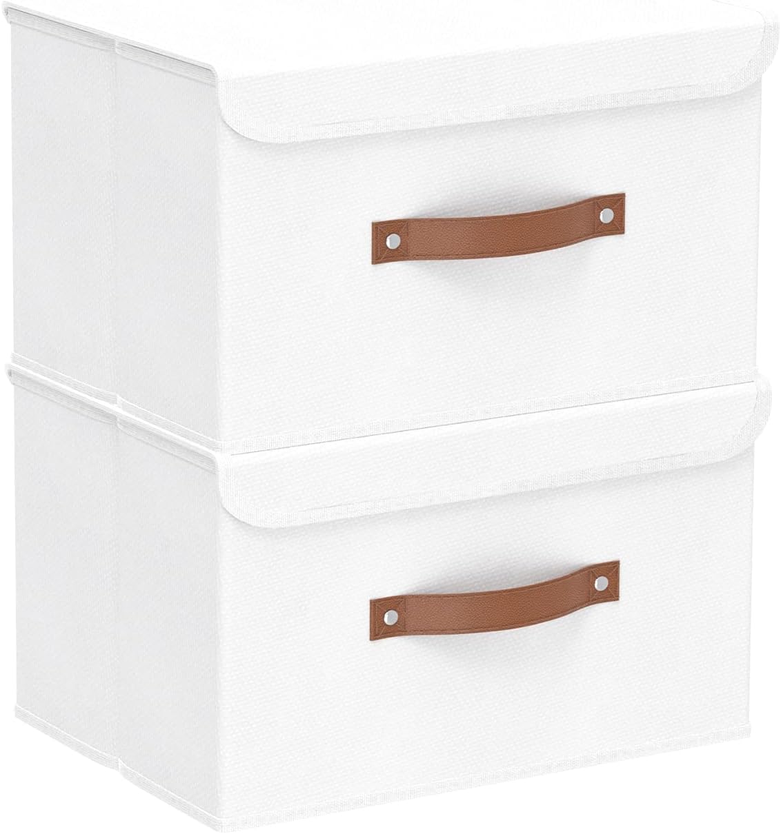 Yawinhe Storage Bins with Lids, Beige, 17.7x11.8x11.8in, 5-Pack, Fabric Container with Leather Handle, Washable Home Basket