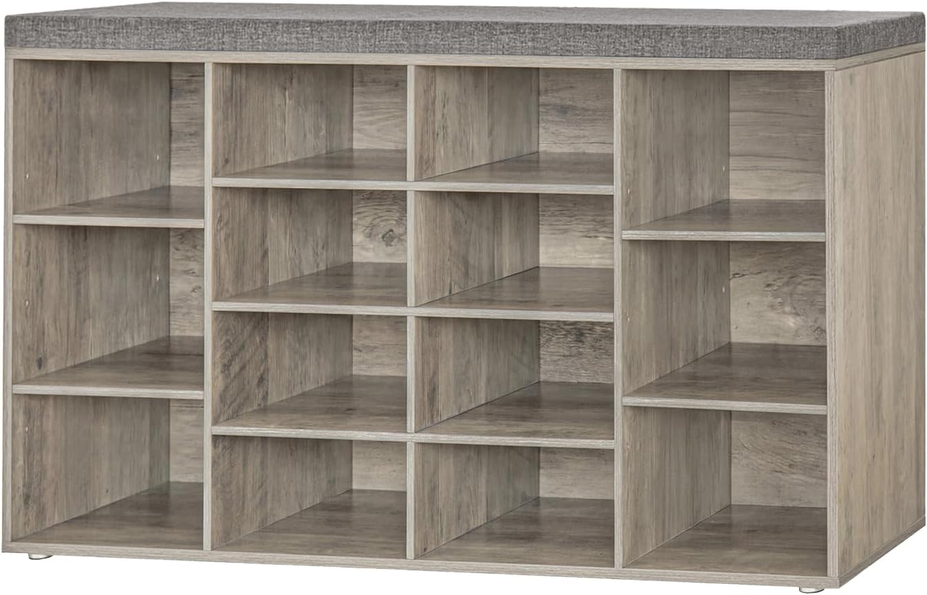 Shoe Storage Bench with Cushion, 15-Cubby Shoe Rack, Adjustable Shelves, Long Shoe Organizer Bench for Entryway, Mudroom, Hallway, Living Room