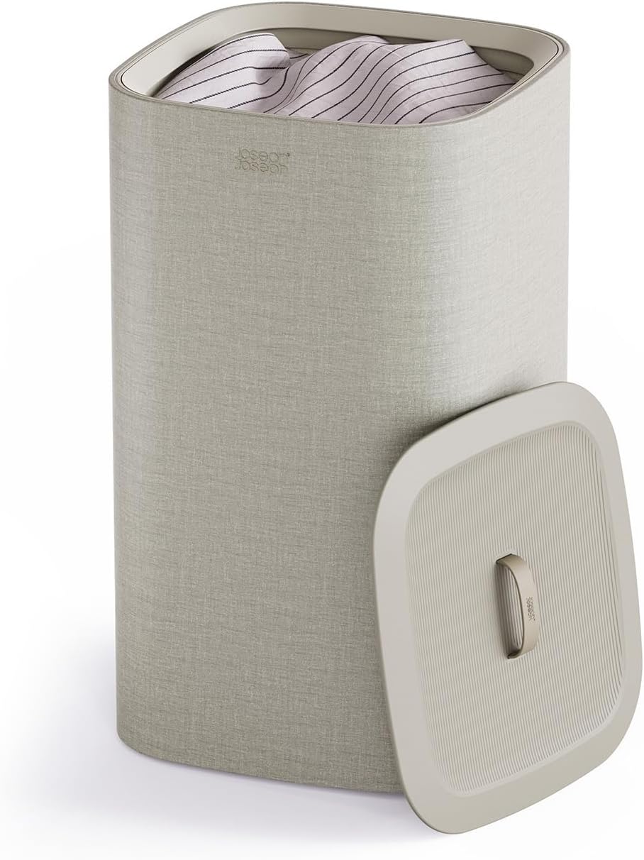 Joseph Joseph Tota 90 liter/23.8 gallon Laundry Hamper Separation Basket with lid, 2 Removable Washing Bags with Handles - Ecru