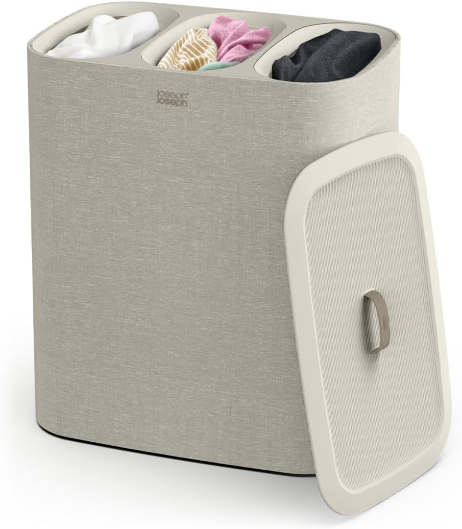 Joseph Joseph Tota 90 liter/23.8 gallon Laundry Hamper Separation Basket with lid, 2 Removable Washing Bags with Handles - Ecru