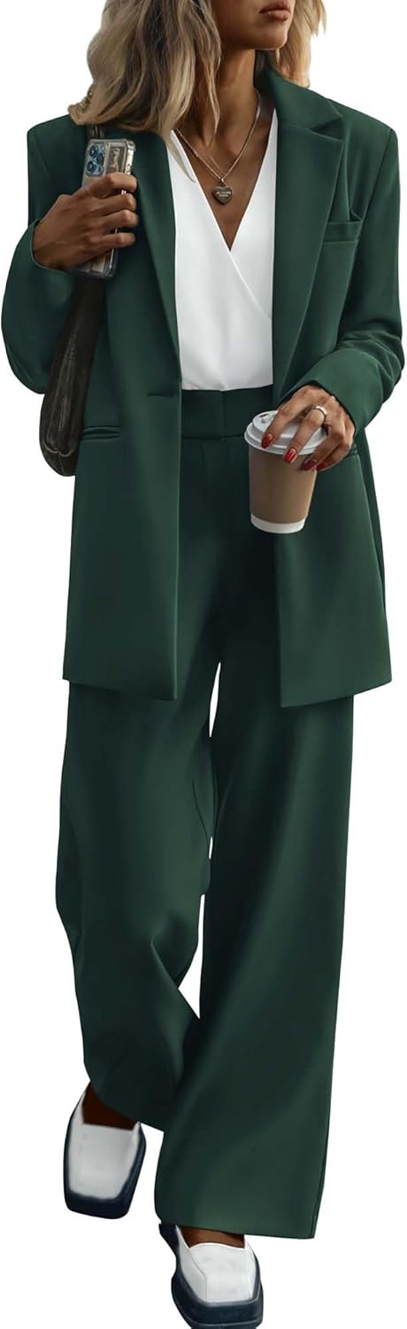 KIRUNDO Women Suits 2 Piece Set Business Casual Dressy Oversized Blazer Jacket and Wide Leg Dress Pantsuits Formal Outfits
