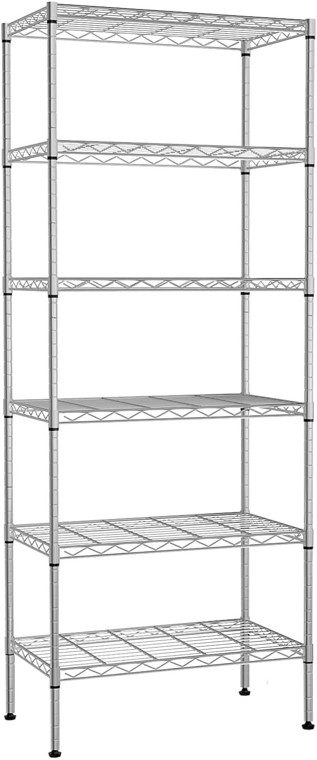 Heavy Duty 6 Tier Shelving Unit Adjustable 6000Lbs Capacity Steel Storage Rack 18" x 48 x 76 Mobile Shelves Wire Shelf Silver Rolling Utility Cart for