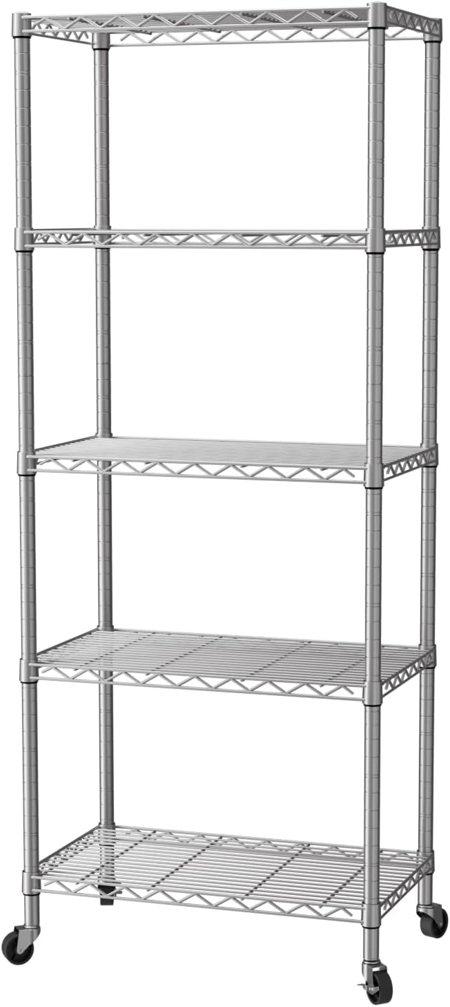 5 Shelves Storage Wire Shelf Closet Metal Shelving Pantry Wheels, Shelf Bathroom Organizers Metal Kitchen Garage Shelving Unit Laundry Room