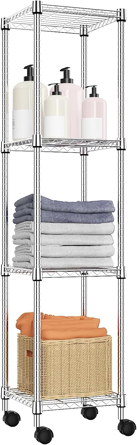 M MZG 5-Shelf Storage Shelves, Wire Shelving Heavy Duty Metal Storage Shelving Unit Adjustable Garage Shelving Rack Pantry Kitchen (Chrome, 4 Tier