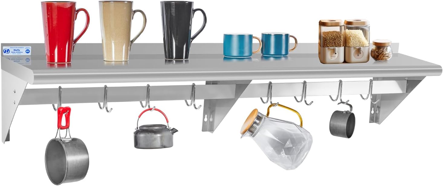 Hally Stainless Steel Wall Shelf 18 x 48 in, Hanging Pot Rack with 6 Hooks, Keeps bulky cookware