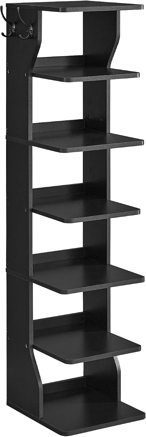VASAGLE 7-Tier Vertical Shoe Rack, Narrow Shoe Storage Organizer with Hooks, Slim Corner Tower Shelf, Space-Saving for Entryway and Bedroom
