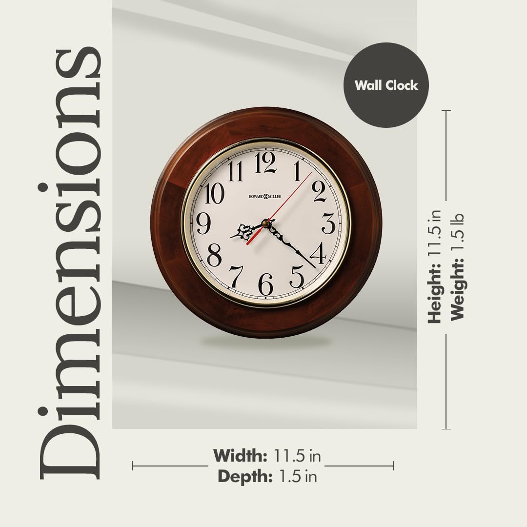 Howard Miller Brentwood Wall Clock - Wood Finish, Brass Bezel, Silent Quartz Movement, Round, Battery Operated, Home or Office Decor