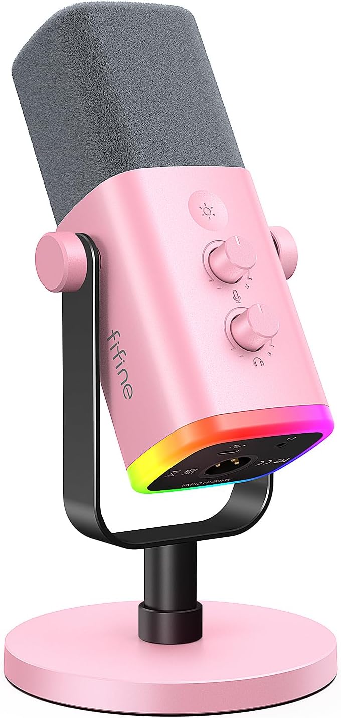 FIFINE XLR/USB Gaming Microphone for Streaming Podcasting, PC Computer RGB Mic, with Gain Knob, Mute Button, Monitoring Jack