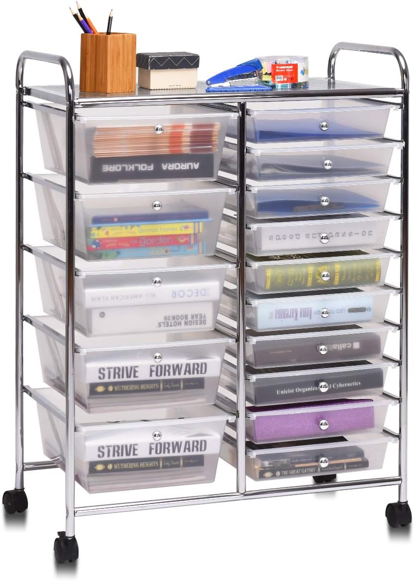 Giantex 15 Drawer Rolling Storage Cart Tools Scrapbook Paper Office School Organizer, Multicolor