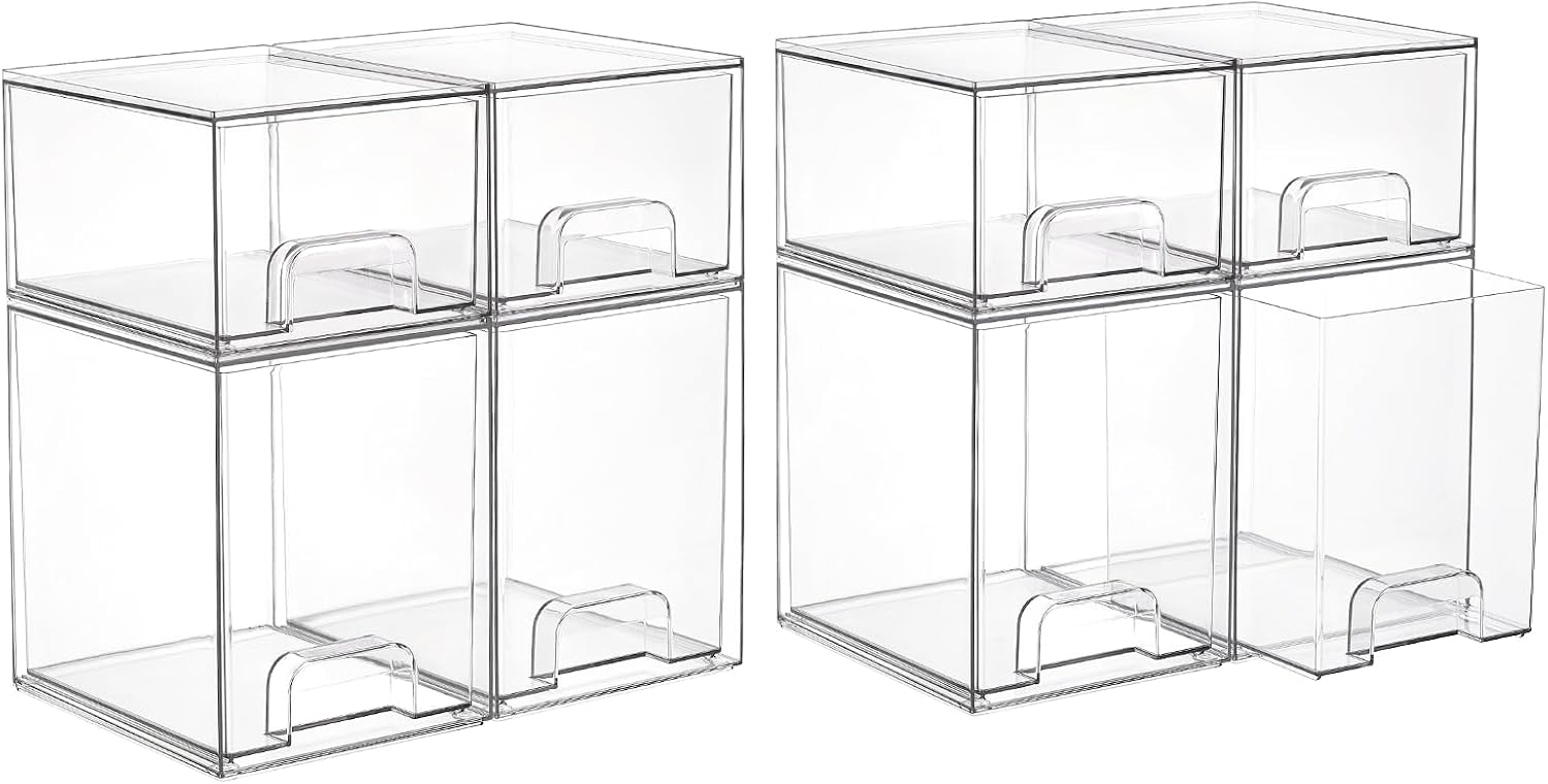 Vtopmart Stackable Storage Drawers Set of 6, Clear Plastic Organizer Bins for Bathroom Supplies, for Cabinet, Shelf, Pantry, Laundry Room Organization