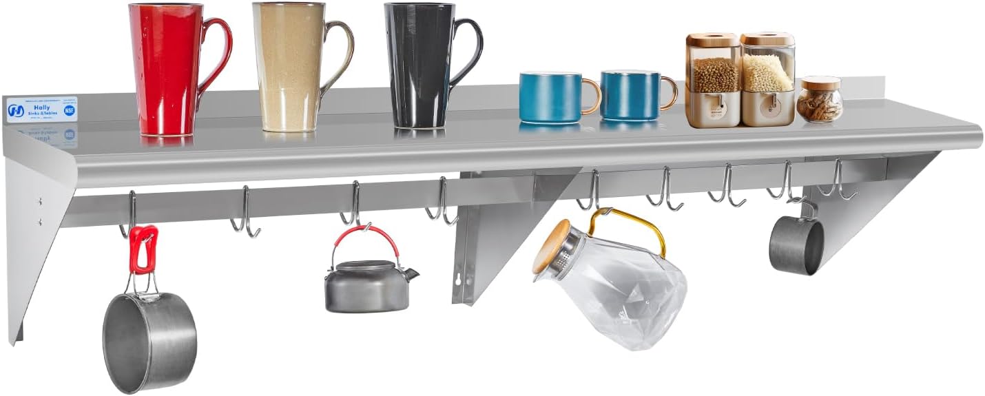 Hally Stainless Steel Wall Shelf 18 x 48 in, Hanging Pot Rack with 6 Hooks, Keeps bulky cookware