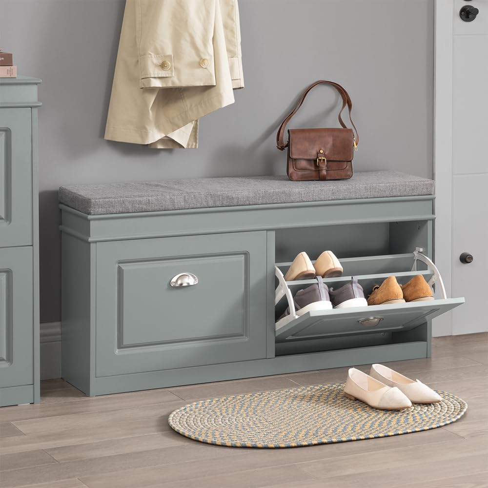 Haotian Shoe Storage Bench Entryway, Shoe Cabinet Bench with 2 Flip Drawers and Cushion, Modern Design Shoe Organizer for Hallway, White FSR64-W