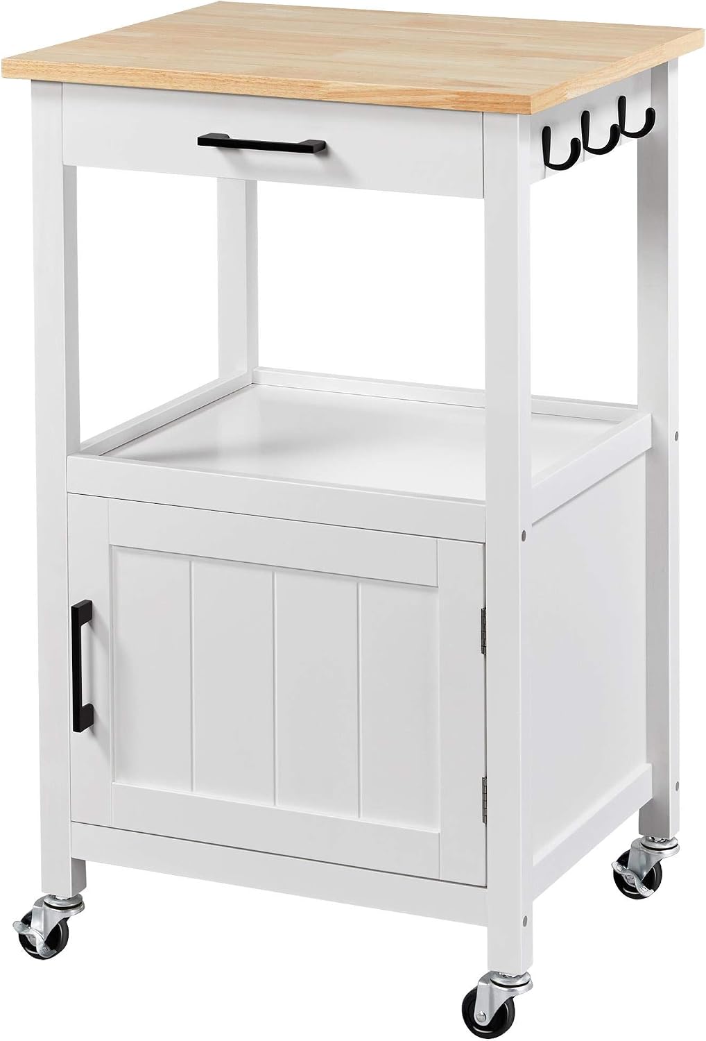 Yaheetech Kitchen Island Cart with Storage, Rolling Kitchen Island on Wheels with 6 Side Hooks, Wood Top Microwave Cart with Drawer for Dining, White