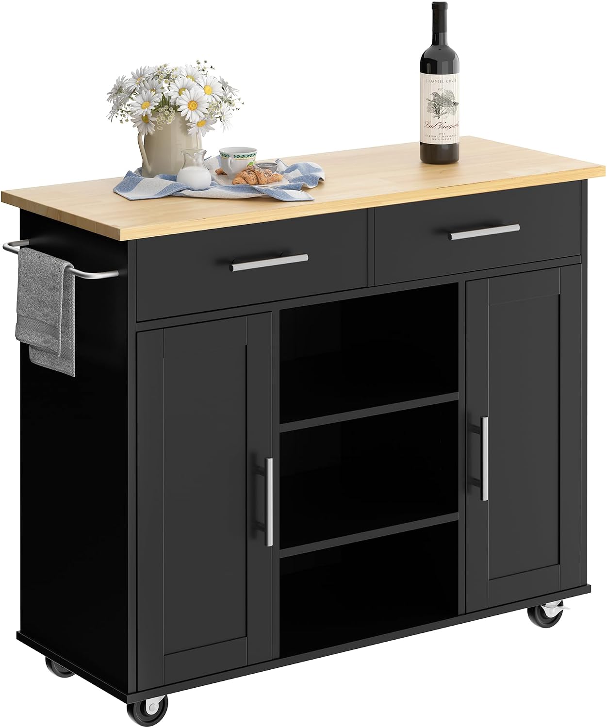 Shintenchi Kitchen Island cart with Storage, Portable Bar Cabinet on Wheels, Rolling Microwave Cart Side Table with Workstation for Kitchen, White