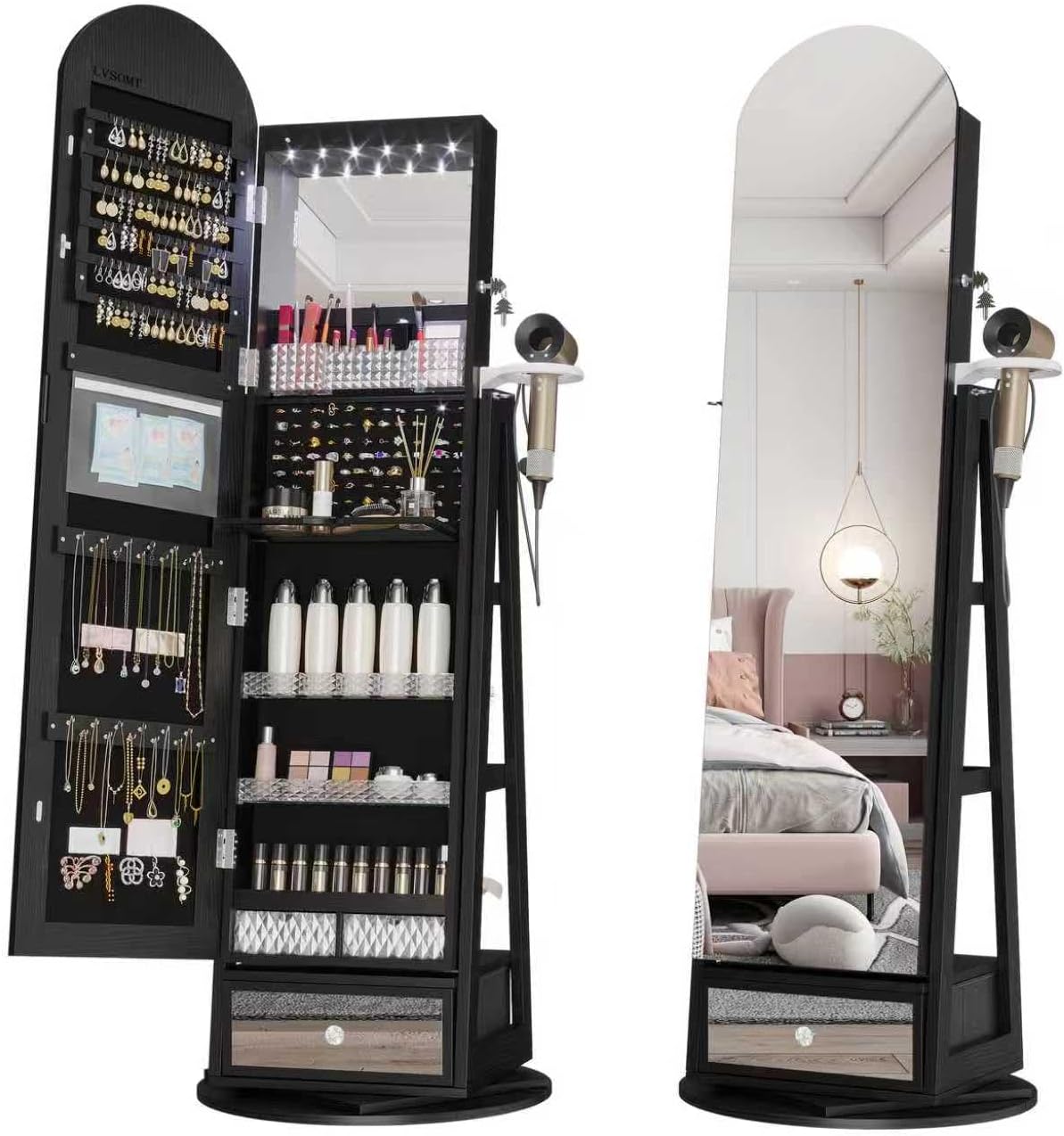 LVSOMT 64" H Arched LED Mirror Jewelry Cabinet Standing, White, 360° Swivel Full-Length Mirror with Storage