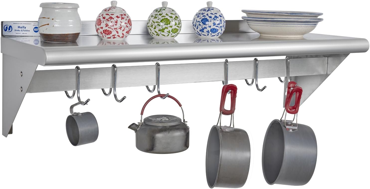 Hally Stainless Steel Wall Shelf 18 x 48 in, Hanging Pot Rack with 6 Hooks, Keeps bulky cookware