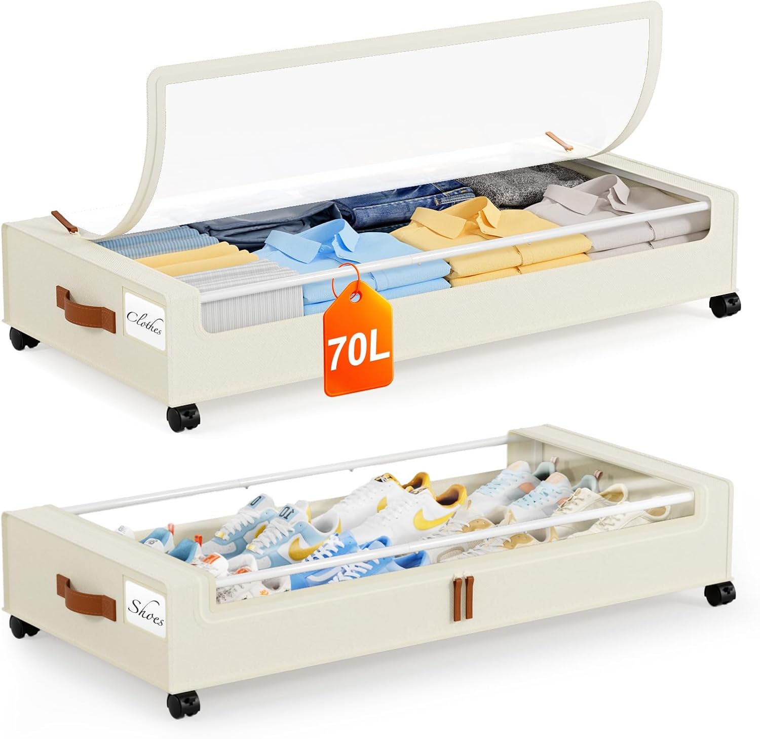 Yecaye Under Bed Storage with Wheels, 2Pack Under Bed Storage Containers, Underbed Shoe Storage Organizer, Rolling Under Bed Metal Drawers for Clothes