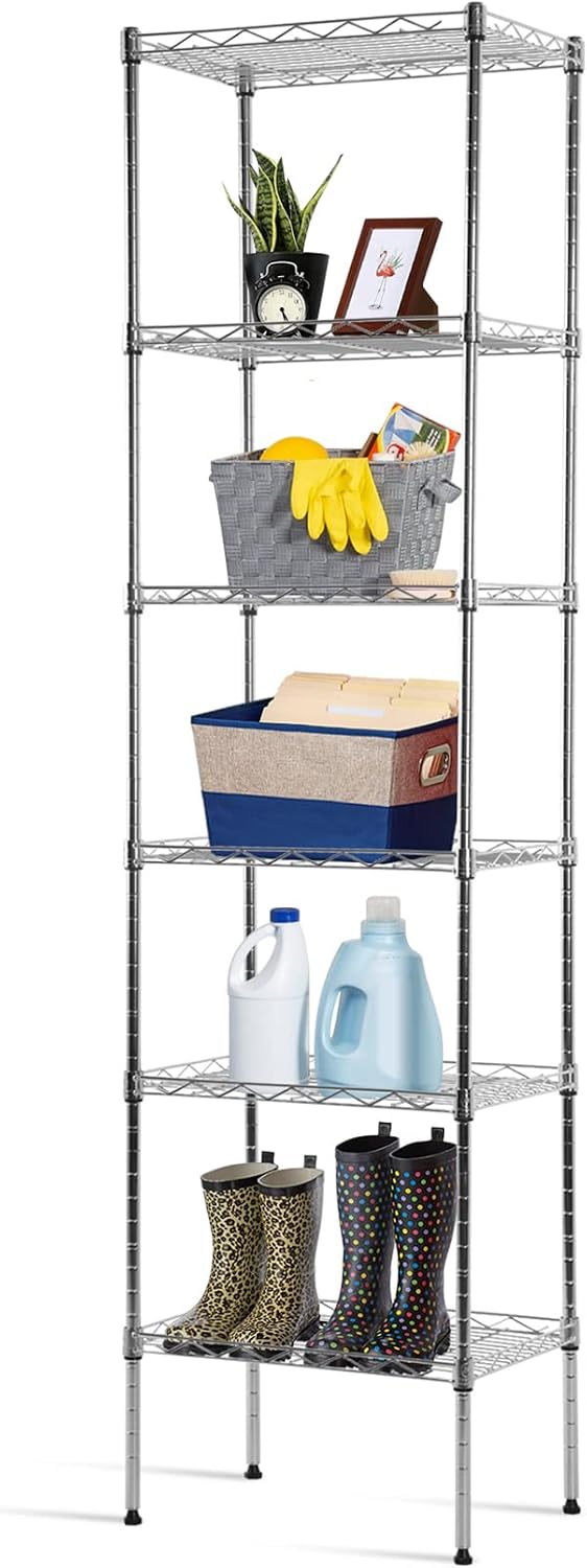 Heavy Duty 6 Tier Shelving Unit Adjustable 6000Lbs Capacity Steel Storage Rack 18" x 48 x 76 Mobile Shelves Wire Shelf Silver Rolling Utility Cart for