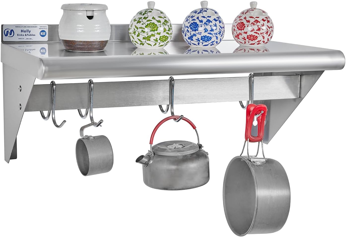 Hally Stainless Steel Wall Shelf 18 x 48 in, Hanging Pot Rack with 6 Hooks, Keeps bulky cookware