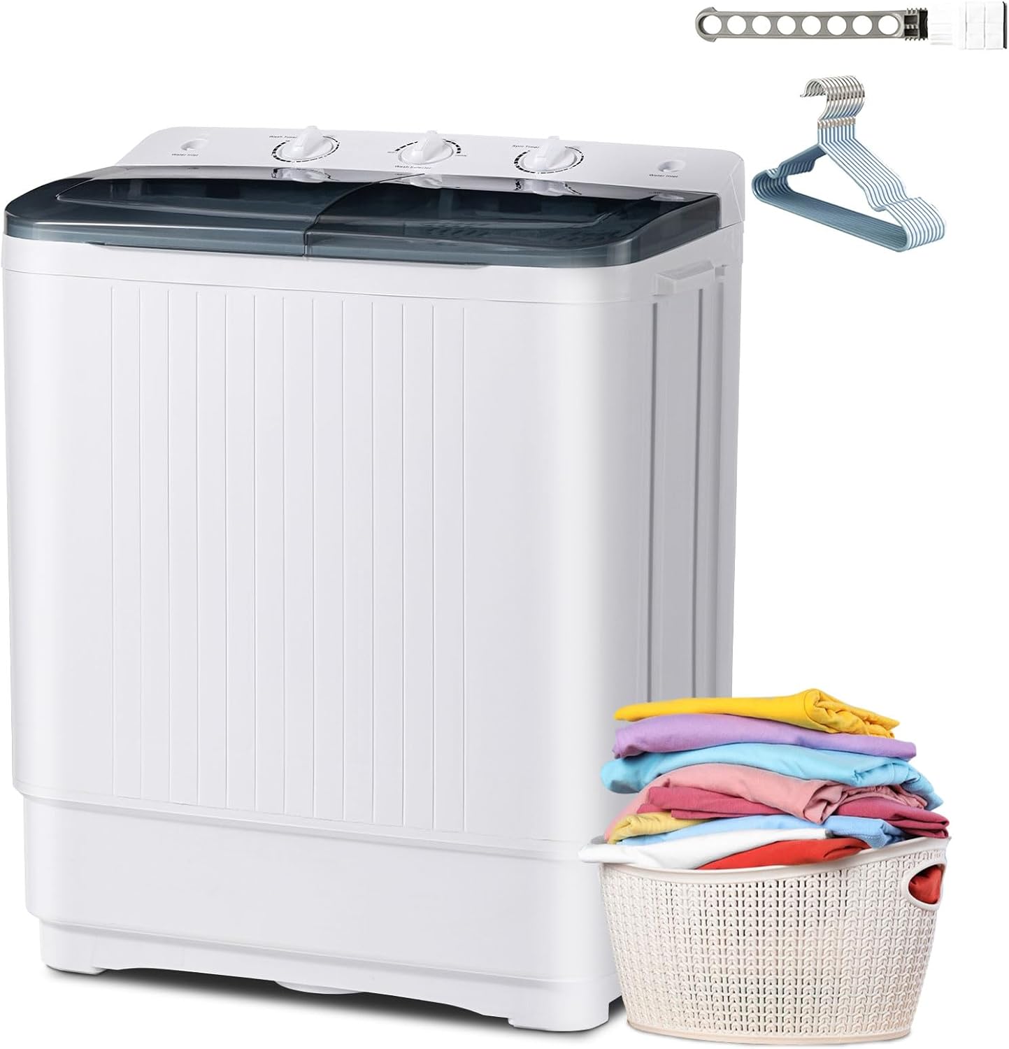 Erivess Portable Twin Tub 19lbs Washing Machine with Drying Rack and 10 Hangers, 12lbs Washer Mini Compact Laundry Machine with 7lbs Spinner