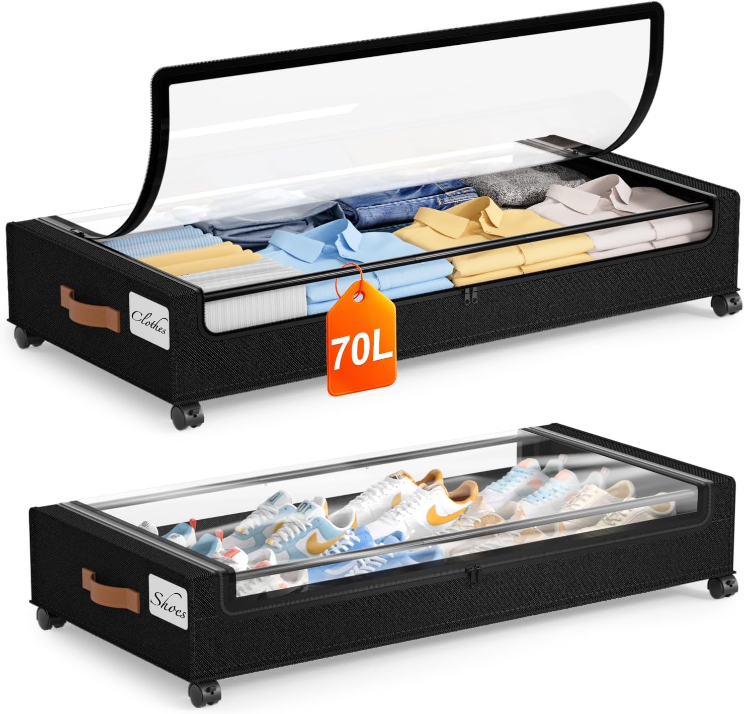 Yecaye Under Bed Storage with Wheels 2 Pack, 70L Larger Capacity Under Bed Storage Containers, Underbed Shoe Storage Organizer